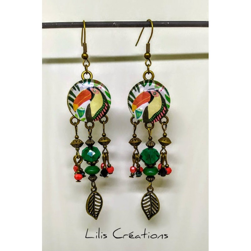 Boucles d'oreilles "Toucan" corail, vert et bronze