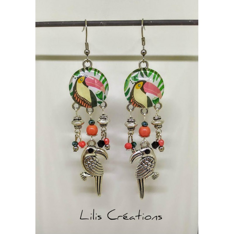 Boucles d'oreilles "Toucan" vert, corail, noir et argenté