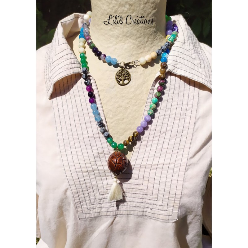 Collier 2 en 1, sautoir et collier double en pierres naturelles