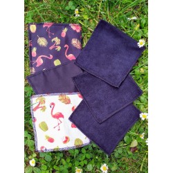 Lot de 6 lingettes lavables "Flamants roses" en micro éponge de bambou / tons orange, noir et blanc