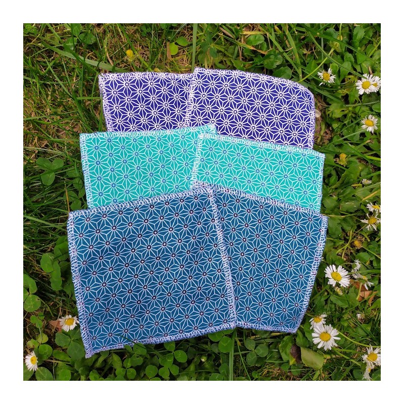 Lot de 6 lingettes lavables "Étoiles" en micro éponge de bambou et tencel / tons bleus