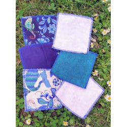 Lot de 6 lingettes lavables "Squelettes sirènes" en micro éponge de bambou et coton bio / tons bleu, vert