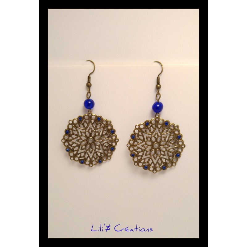 Boucles d'oreilles "Filigrane" bleu marine et bronze