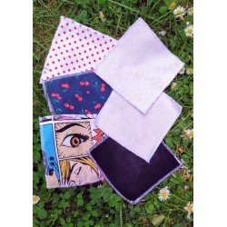 Lot de 6 lingettes lavables "Cerises et BD" en micro éponge de bambou / tons rouge, blanc, bleu