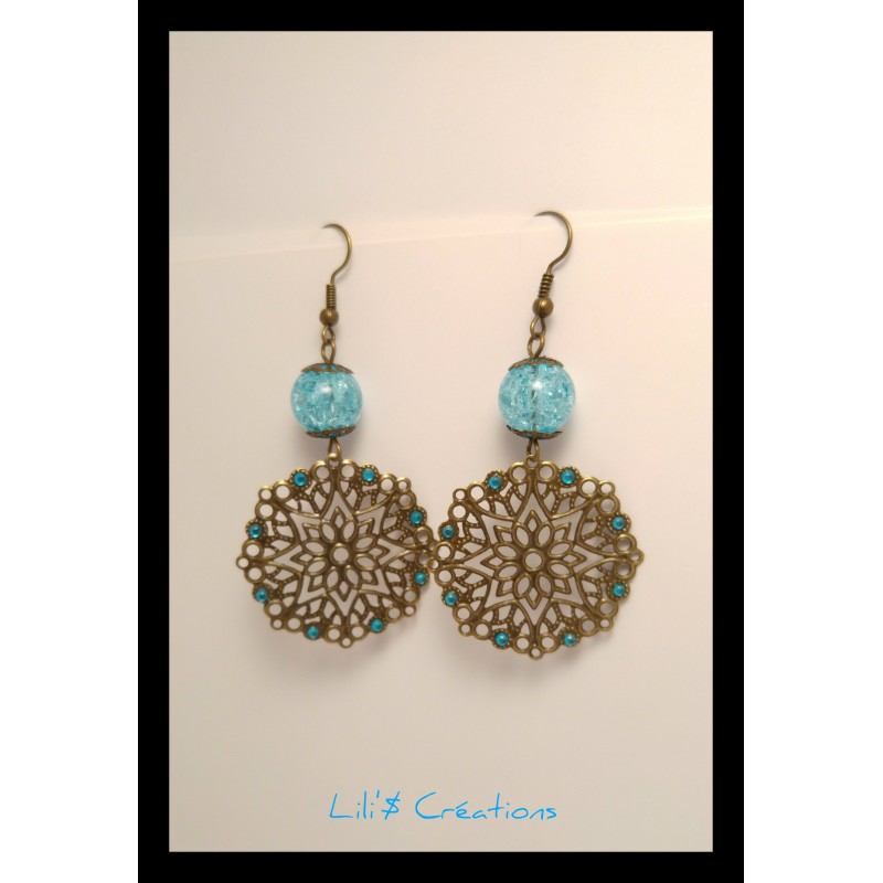 Boucles d'oreilles "Filigrane" bleu ciel et bronze