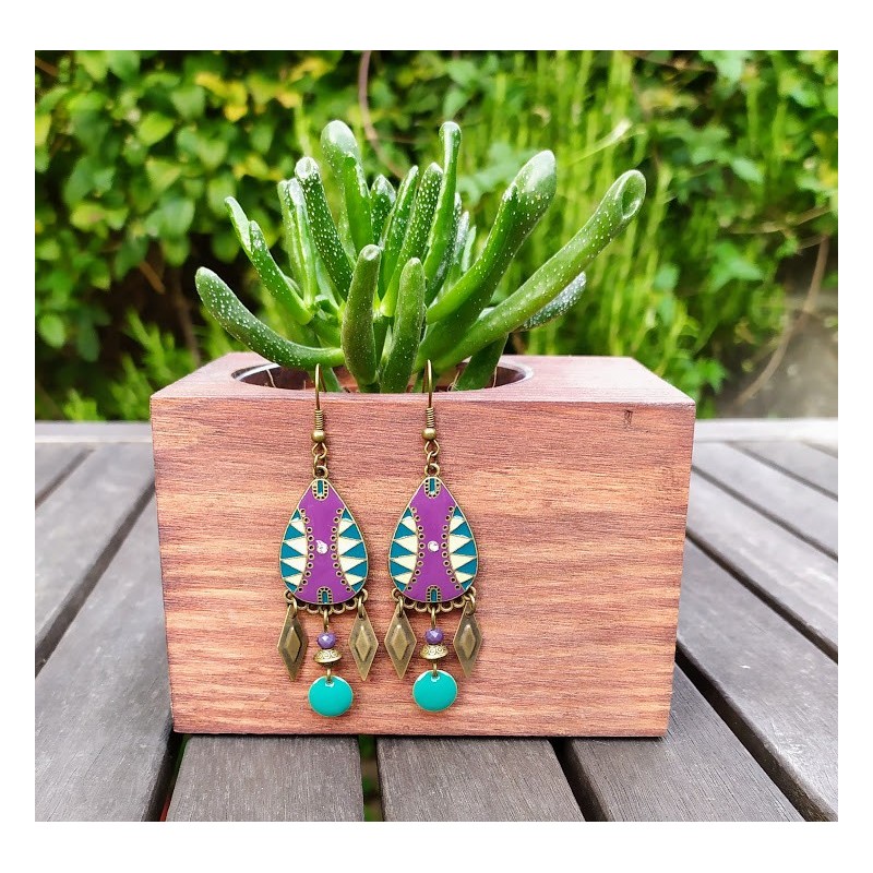 Boucles d'oreilles " Les Ethniques" violet, vert et bronze