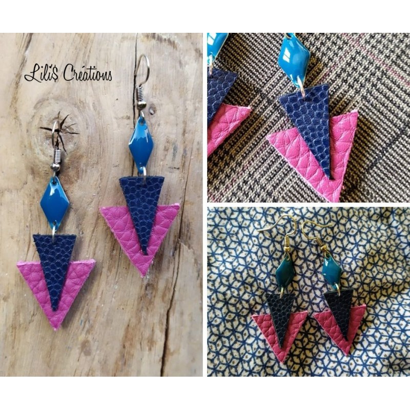 Boucles d'oreilles "Cuir" fuchsia, bleu et argenté