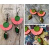 Boucles d'oreilles "Cuir" vert, corail et bronze