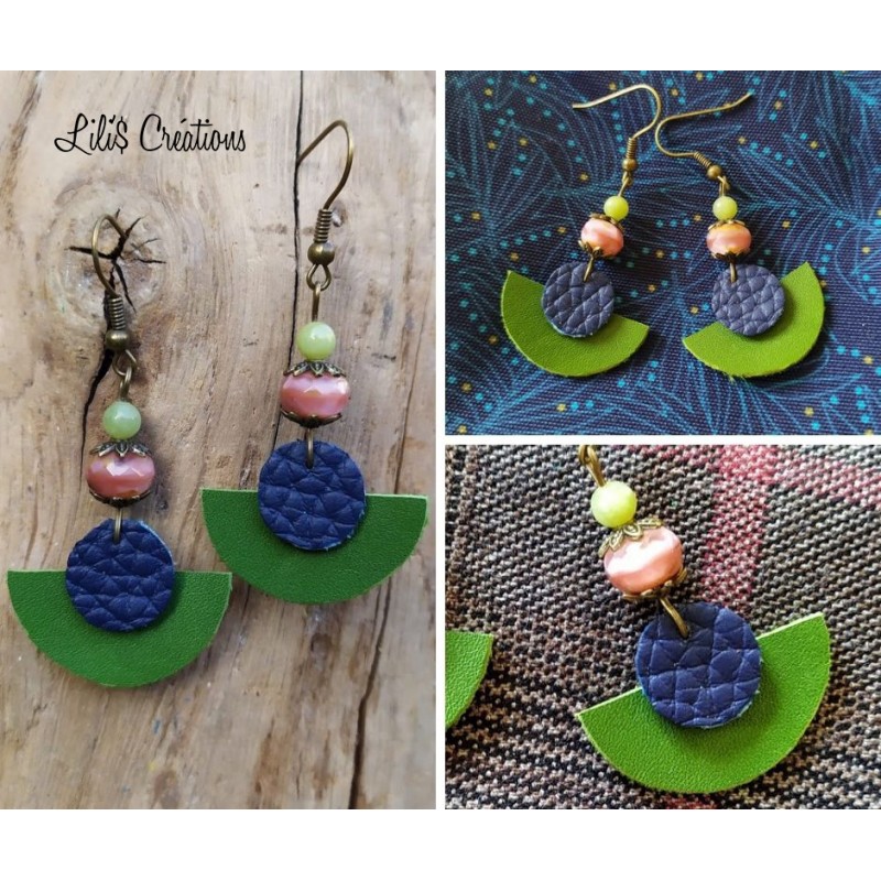 Boucles d'oreilles "Cuir" et pierres naturelles / vert, bleu, rose, jaune pâle et bronze