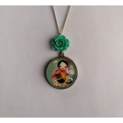 Collier sautoir "La fille et le chat" bleu, rouge, jaune et argenté