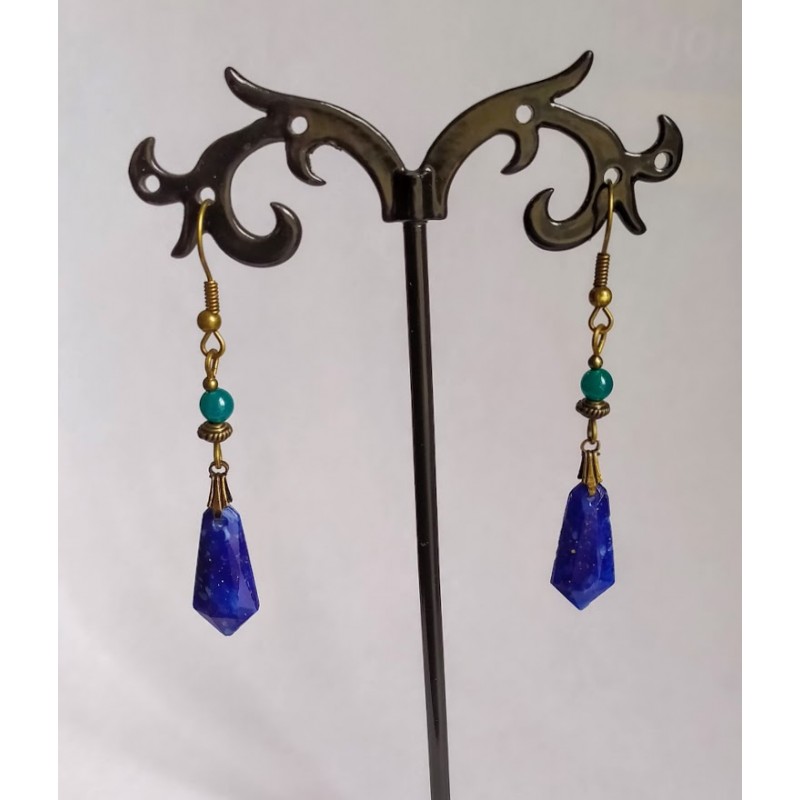 Boucles d'oreilles "Art déco" / Pendentifs vintages rares 1950 / bleu, vert et bronze