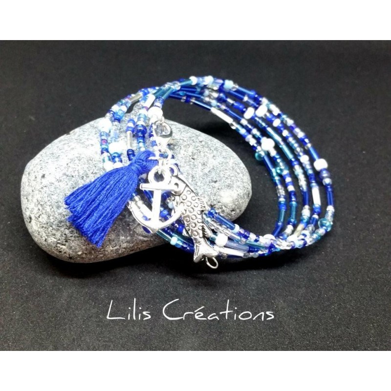 Bracelet "Marine" à mémoire de forme,  5 tours. Bleu et blanc