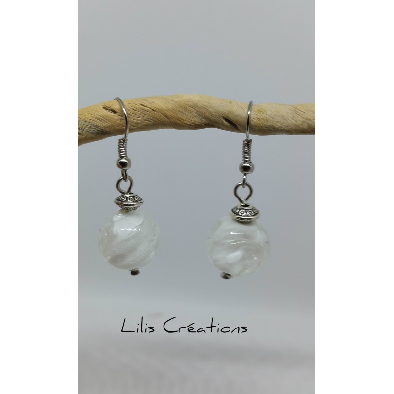 Boucles d'oreilles "Murano" blanc et argenté