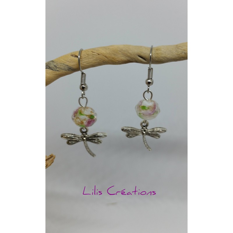 Boucles d'oreilles "Libellules" avec perles de verre Lampwork artisanales / rose et vert