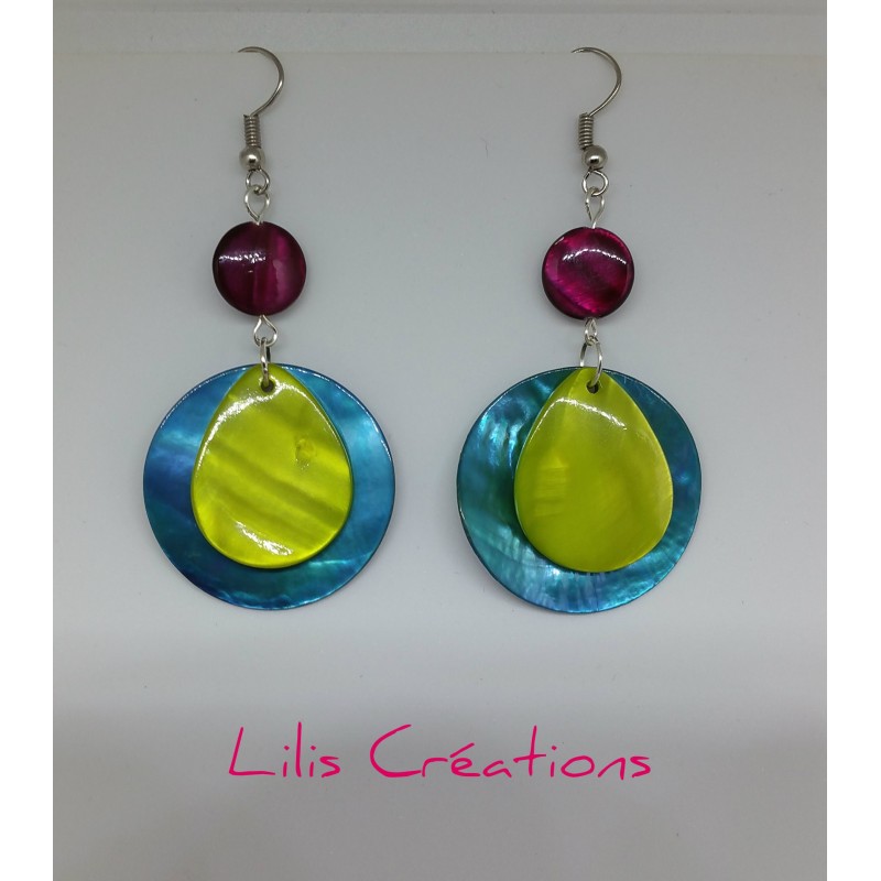 Boucles d'oreilles "Nacre" bleu, vert et fuchsia