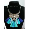 Collier ethnique avec pompons tons bleu vert