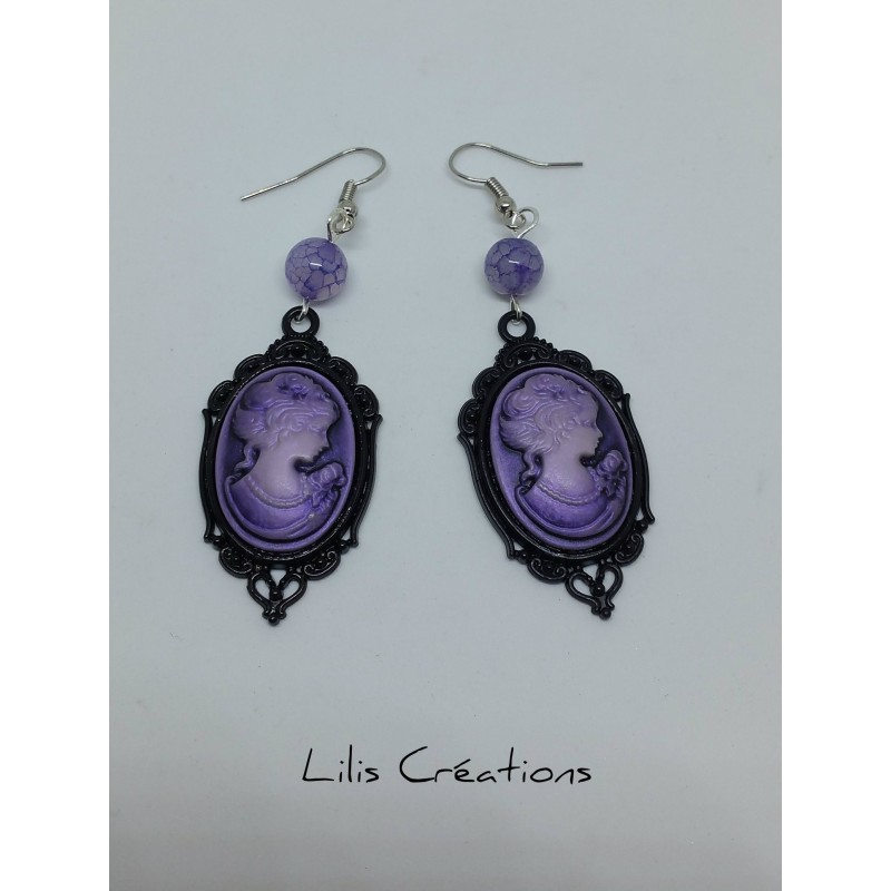 Boucles d'oreilles camée, style vintage / Violet et noir