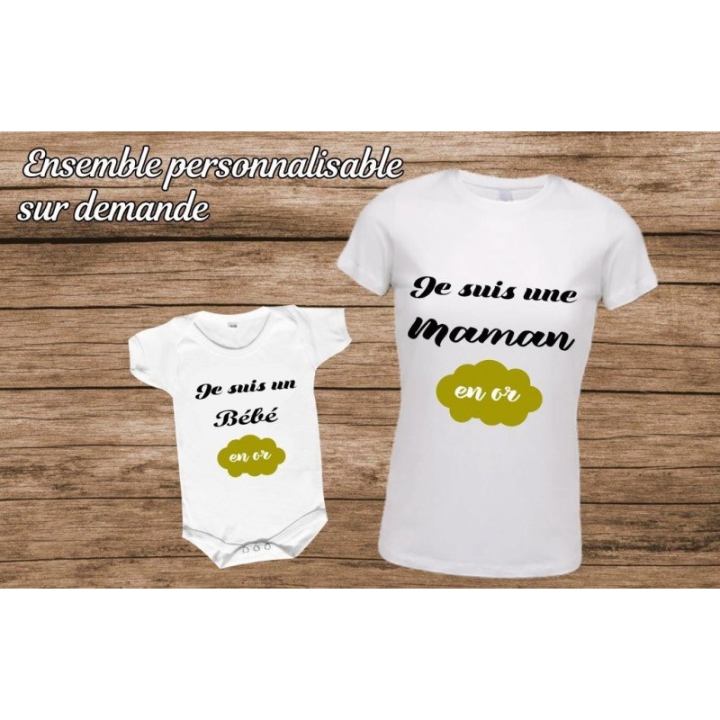 Ensemble t-shirt et body "Maman et bébé en or"