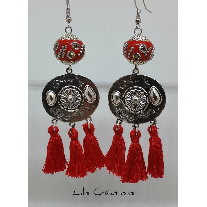 Boucles d'oreilles "Ethniques" Rouge et argent