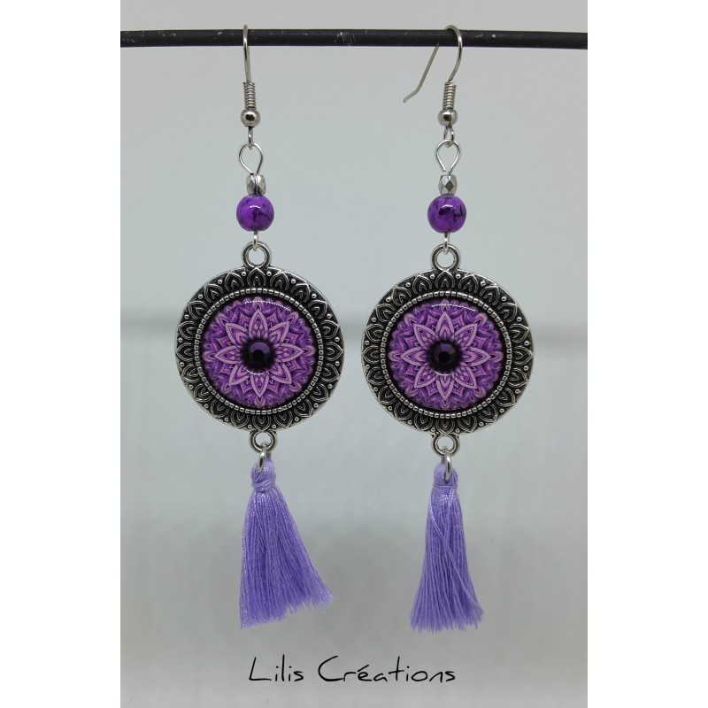 Boucles d'oreilles longues "Mandala" violet