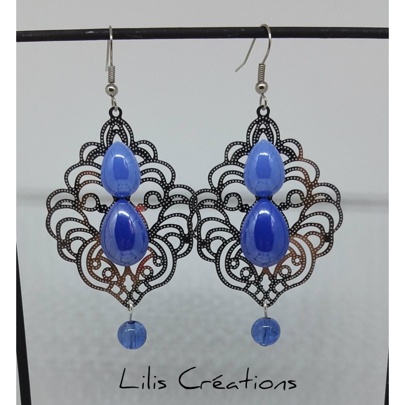 Boucles d'oreilles "Arabesques" bleu et argenté