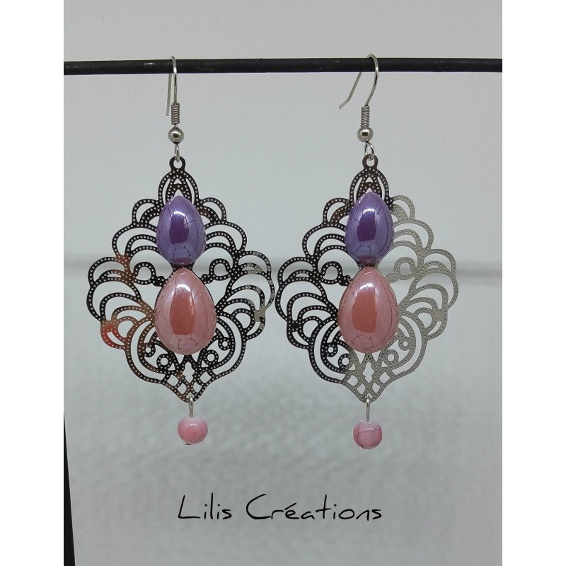 Boucles d'oreilles "Arabesques" rose, parme et argenté