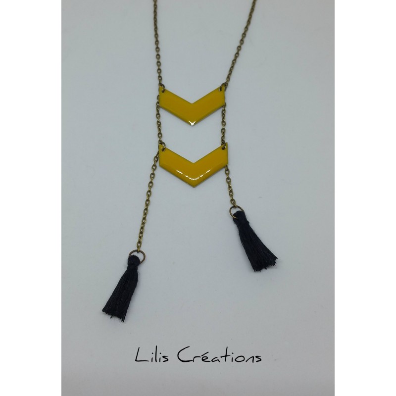 Collier sautoir bronze chevrons jaunes et pompons noirs