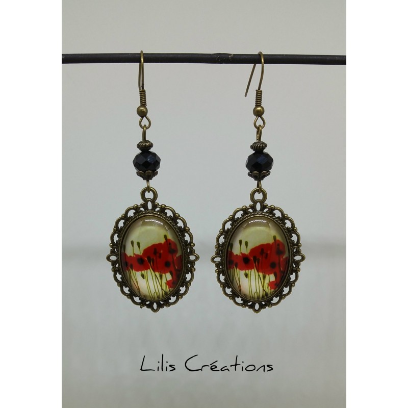 Boucles d'oreilles " Coquelicots " Rouge, noir et bronze
