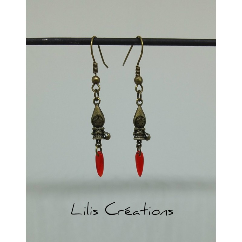 Boucles d'oreilles "Chaperon" rouge et bronze